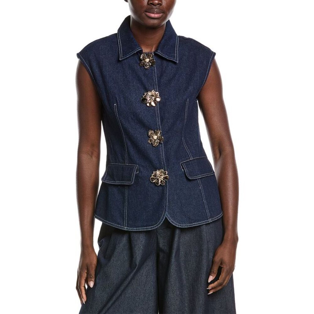 Gracia Womens Front Button Open Shirt Collar Vest, Blue